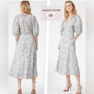 Rebecca Taylor Dress size 4 Puff Sleeve Satin Leaf Floral Button Front Midi